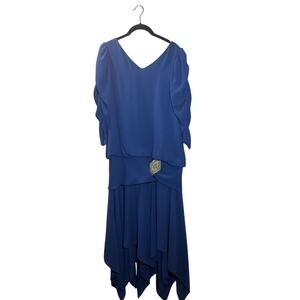 vintage Crest Fashion Blue Dress Size L Rhinestone Accent Handkerchief Hem Midi